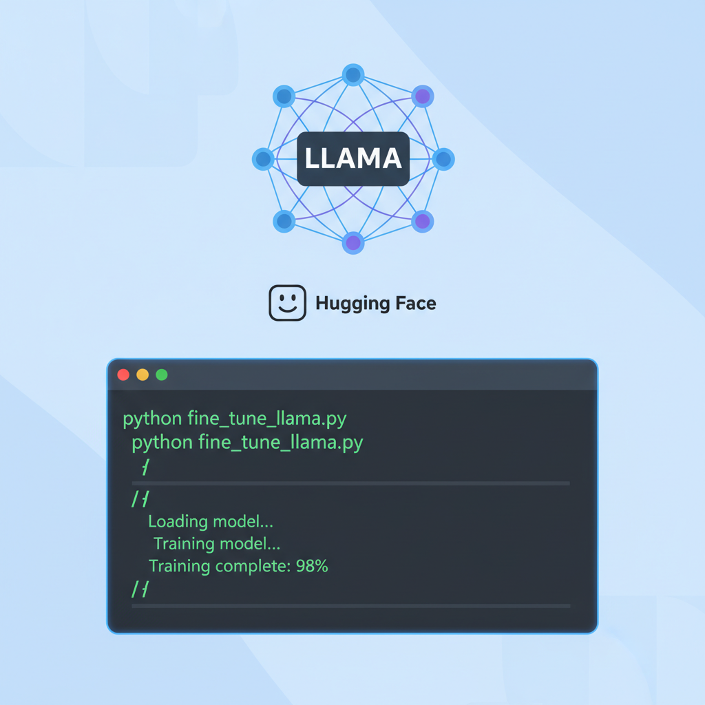 Hugging Face code terminal fine-tuning Llama, Python scripts glowing, AI model diagram