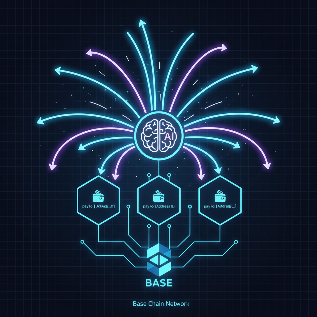 dynamic payment arrows routing from AI agent to multiple payTo addresses on Base chain network, neon lights, high-tech illustration