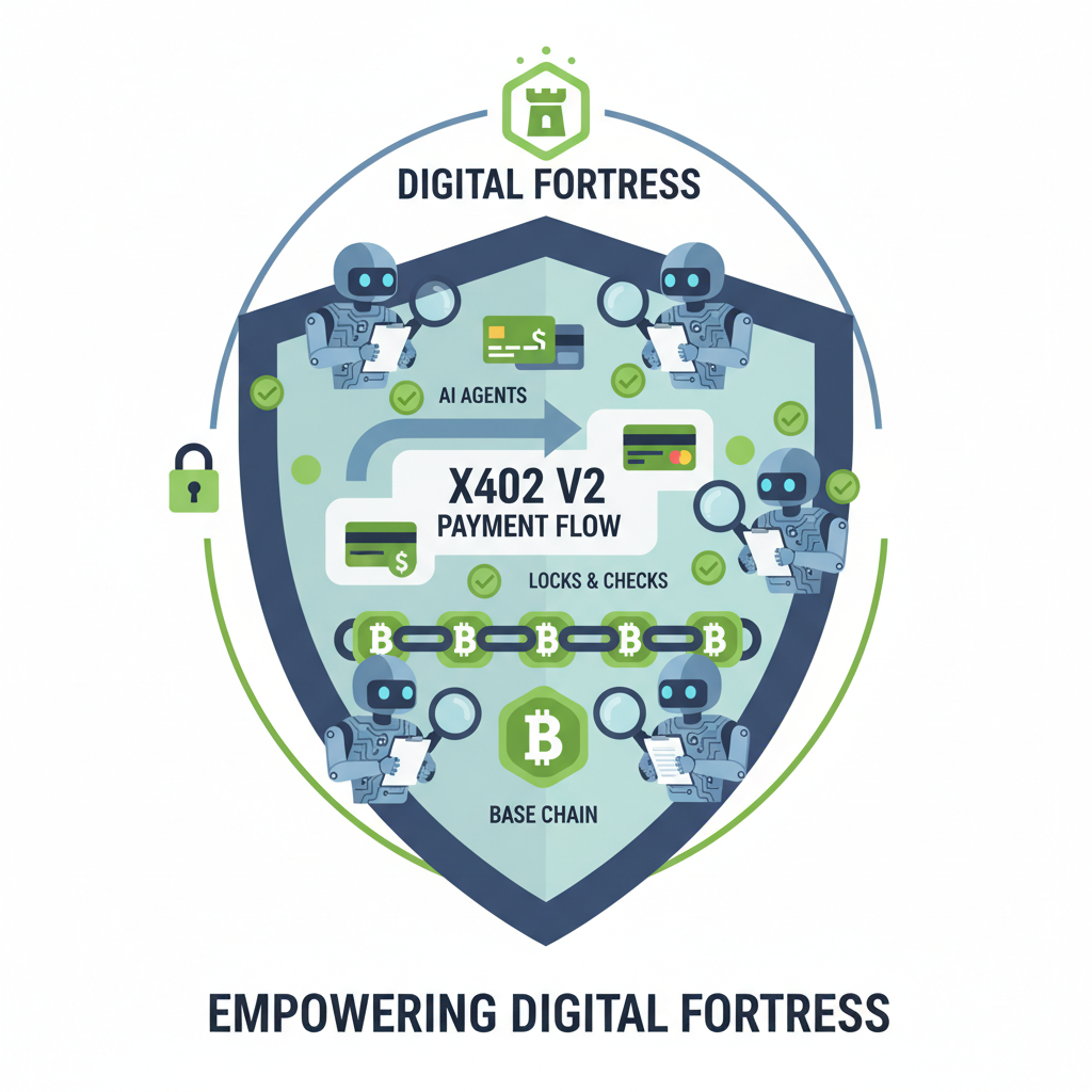 security shield protecting x402 V2 payment flow with AI agents and Base chain, locks and checks, empowering digital fortress art