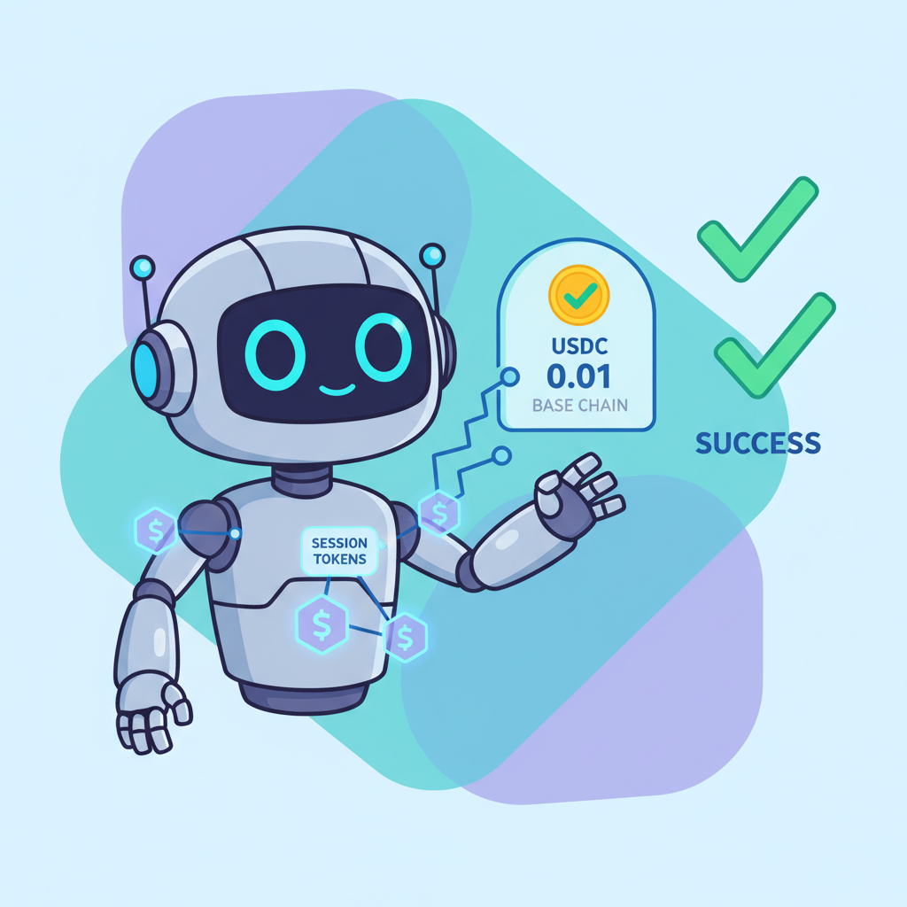 AI robot agent making USDC micropayment on Base chain, session tokens glowing, success checkmarks, upbeat cartoon style