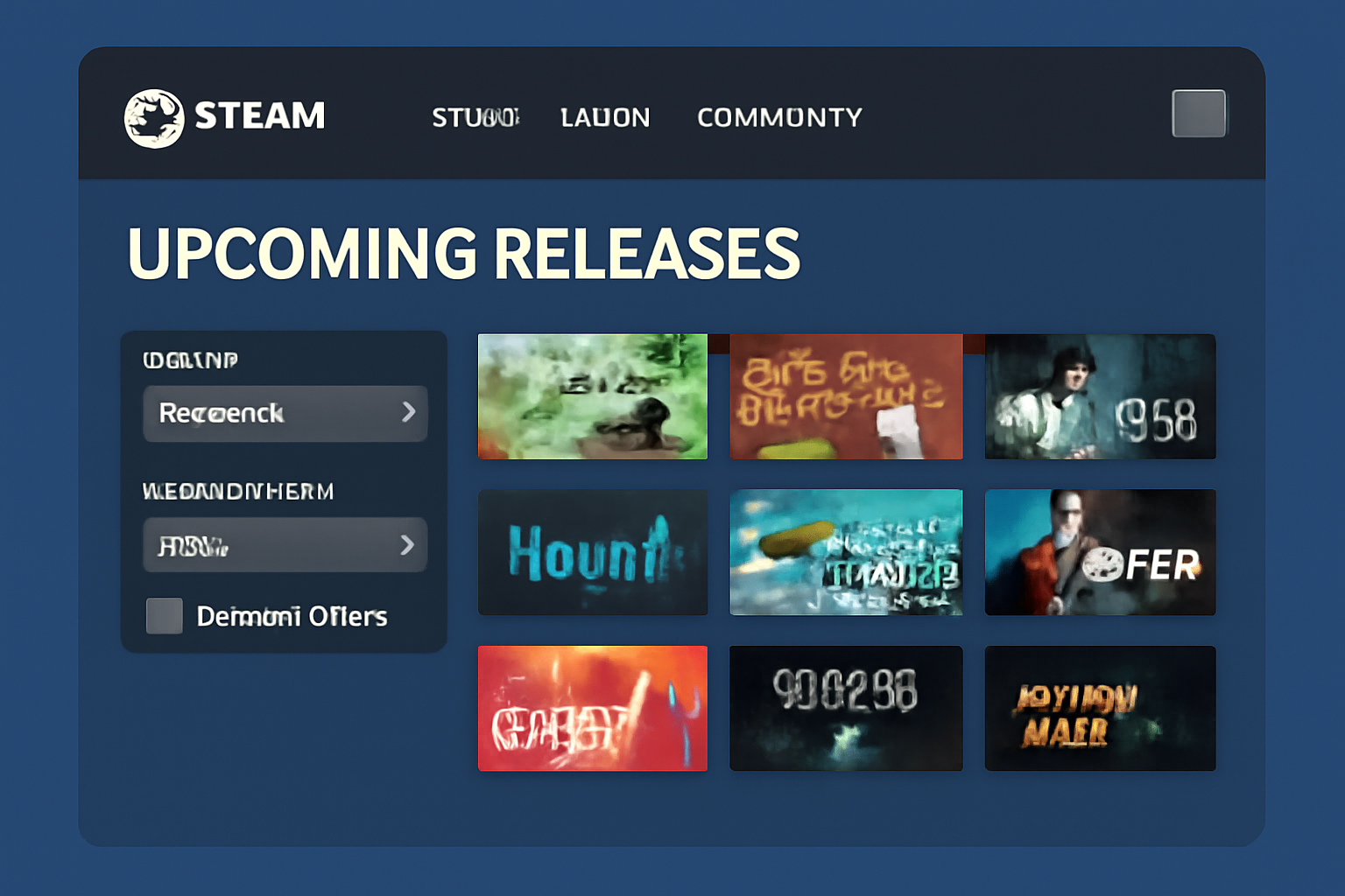 A screenshot-style interface showing the Steam client open to the 'Upcoming Releases' section, with various indie game covers displayed and filter options visible.