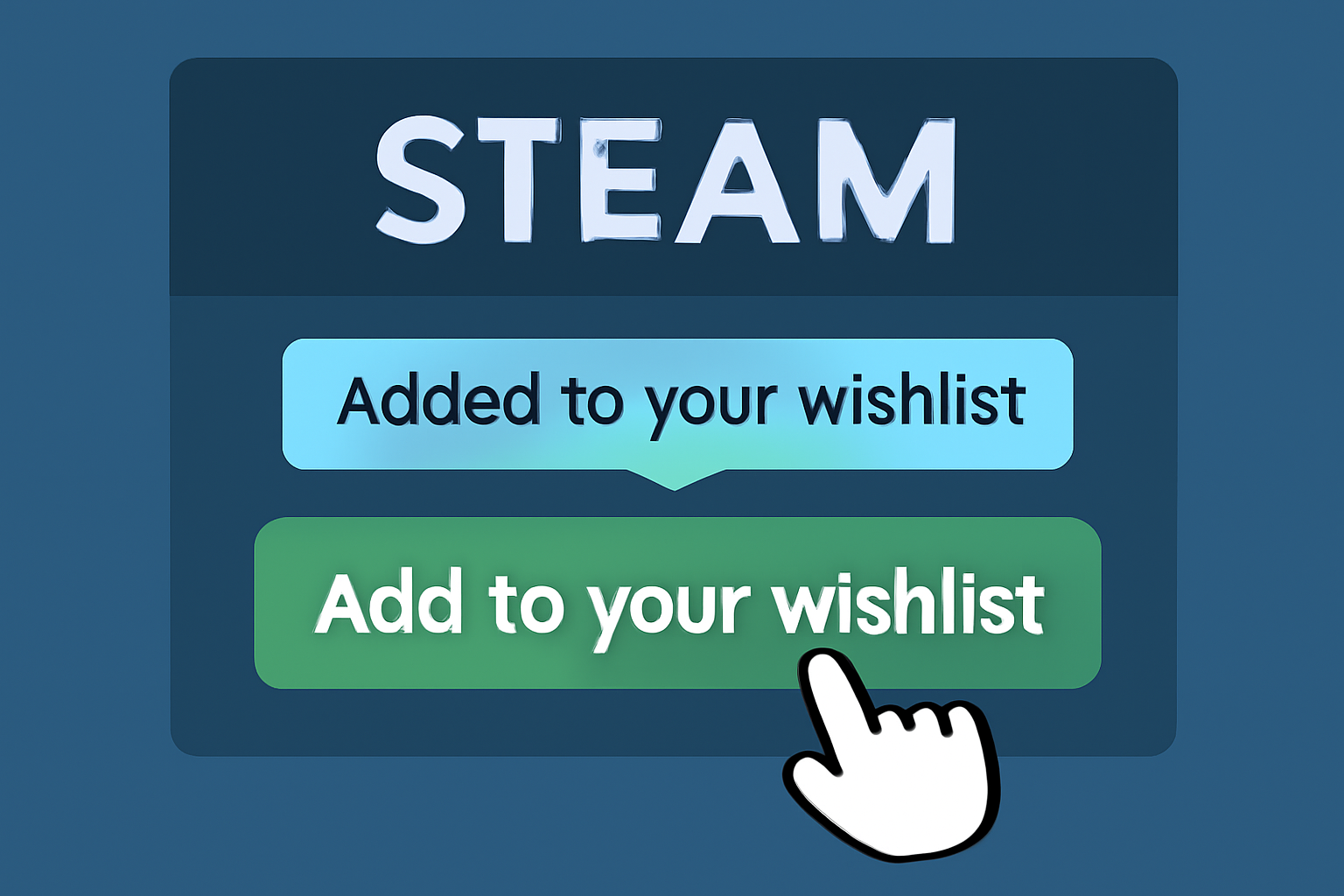 A user's cursor hovering over the 'Add to your wishlist' button on a Steam game page, with a pop-up confirmation.