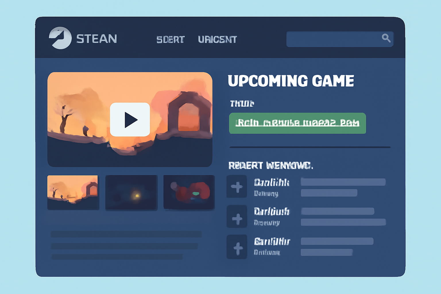 A detailed Steam game page open, showing a trailer, screenshots, and user review snippets for an upcoming indie game.
