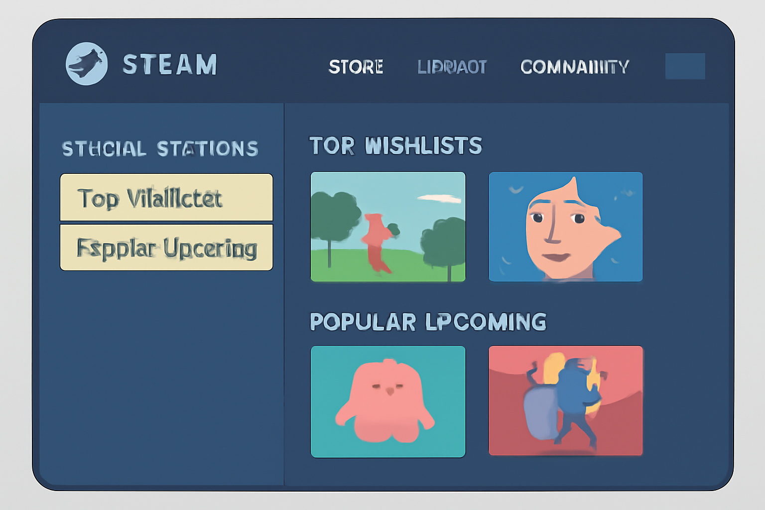 Steam client interface showing the 'Special Sections' menu open, with 'Top Wishlists' and 'Popular Upcoming' sections highlighted, indie game covers visible.