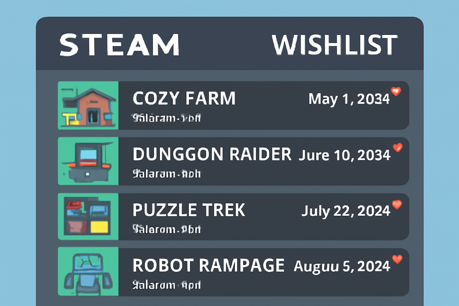 A Steam wishlist page showing several upcoming indie games, with notification icons and release dates visible.