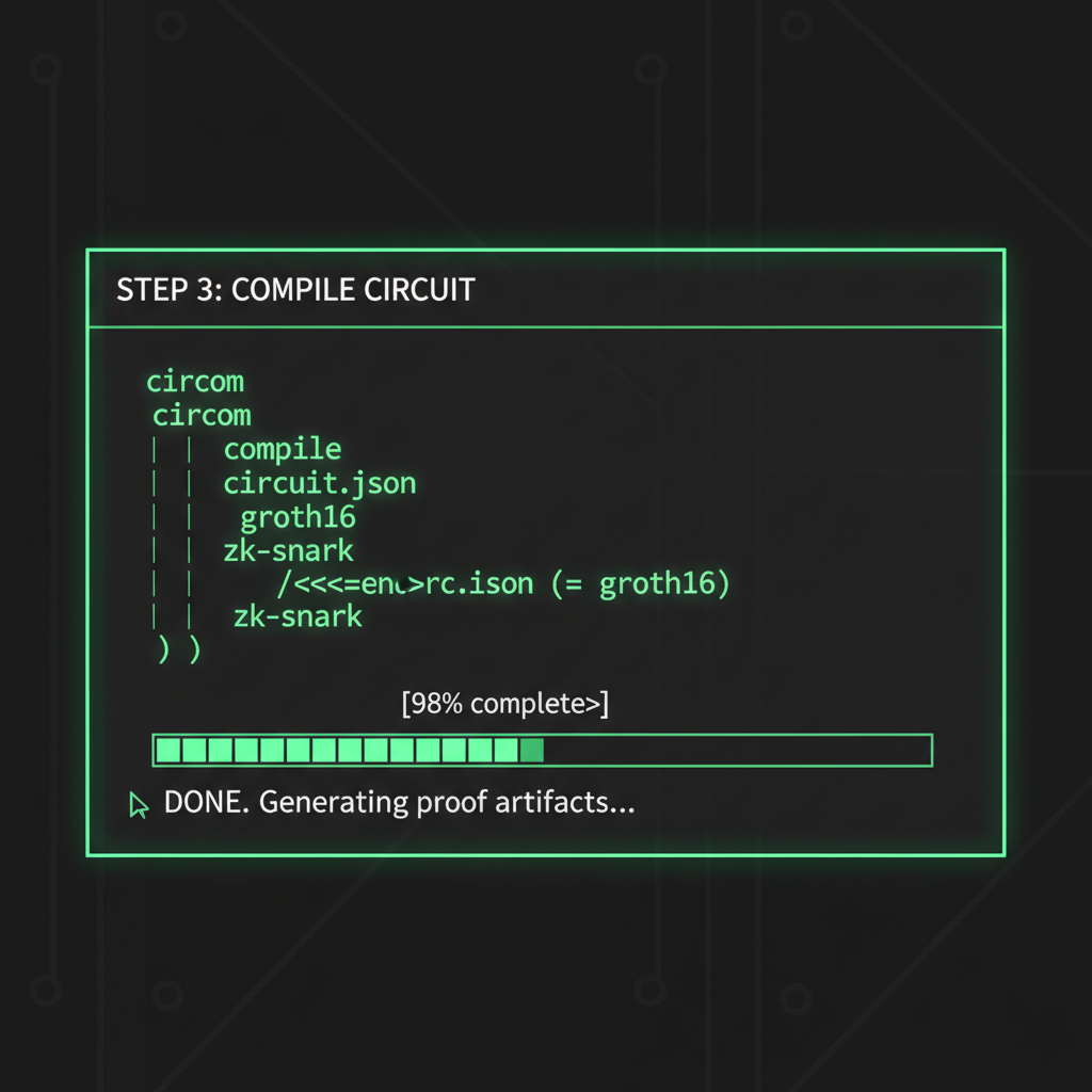 terminal compiling circom circuit for zk-snark, code glowing green, dark theme