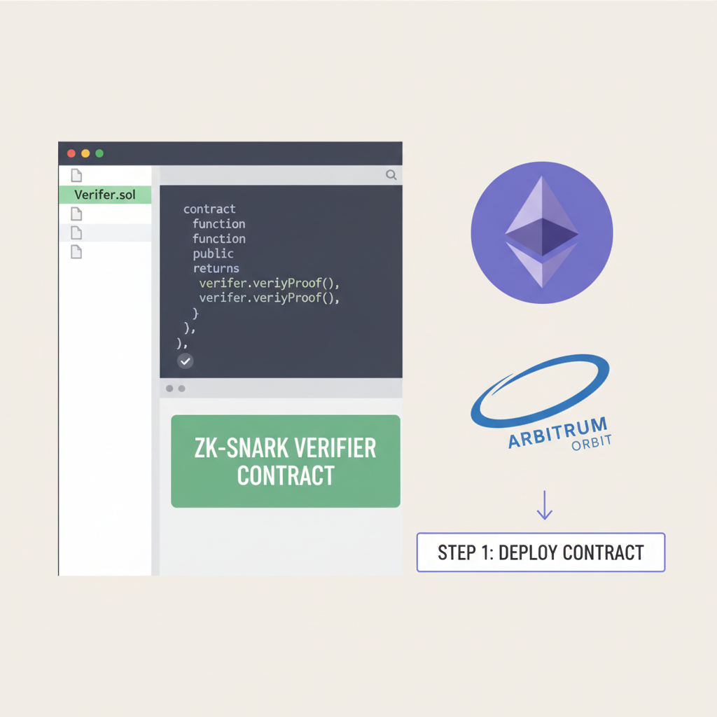 solidity code editor with zk-snark verifier contract, ethereum logo, arbitrum orbit