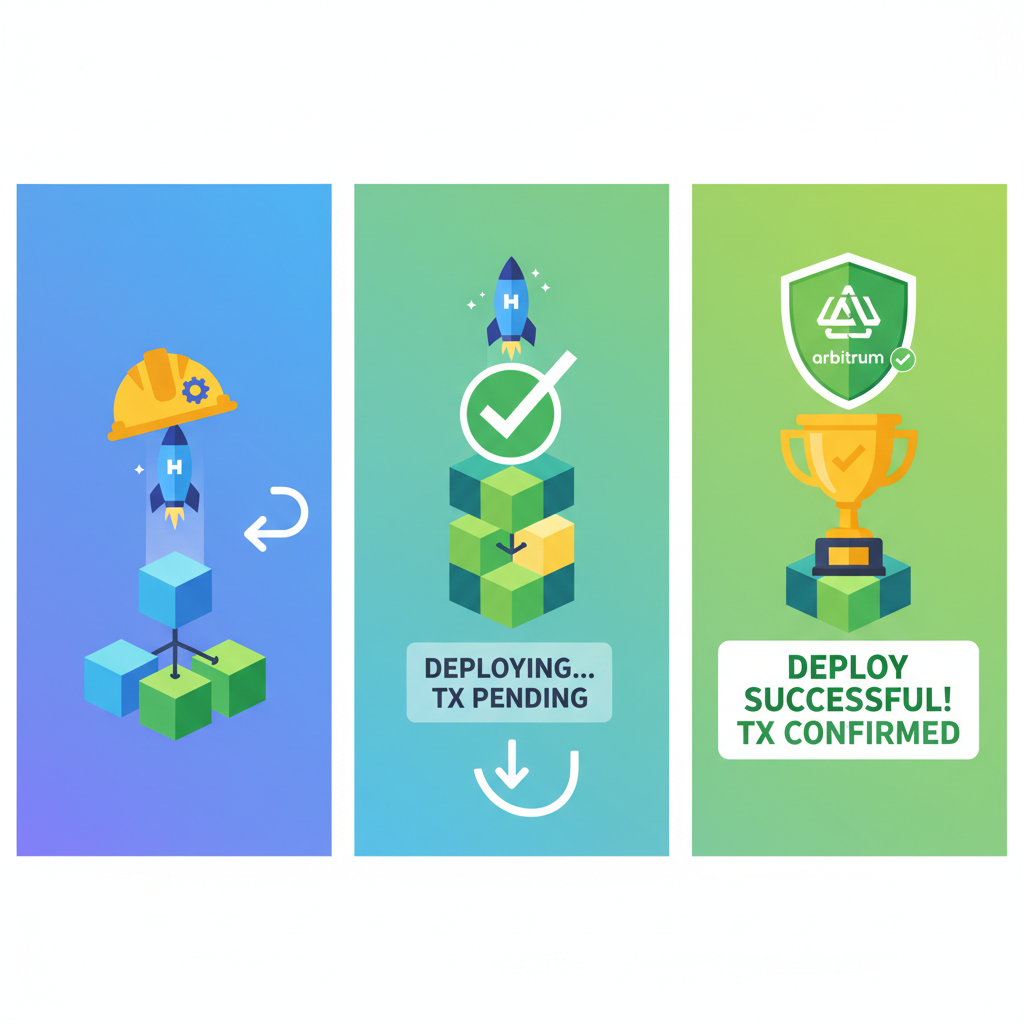 hardhat deployment to arbitrum network, blockchain blocks stacking, success deploy tx