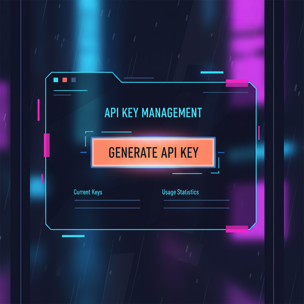 sleek dashboard screen showing API key generation button glowing, futuristic UI, cyberpunk style