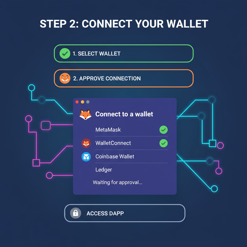 wallet connection interface with MetaMask popup, green checkmarks, neon blockchain links