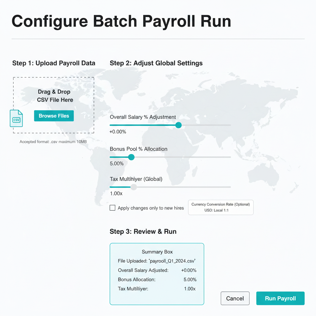 batch payroll config screen with CSV upload, sliders for amounts, global map background