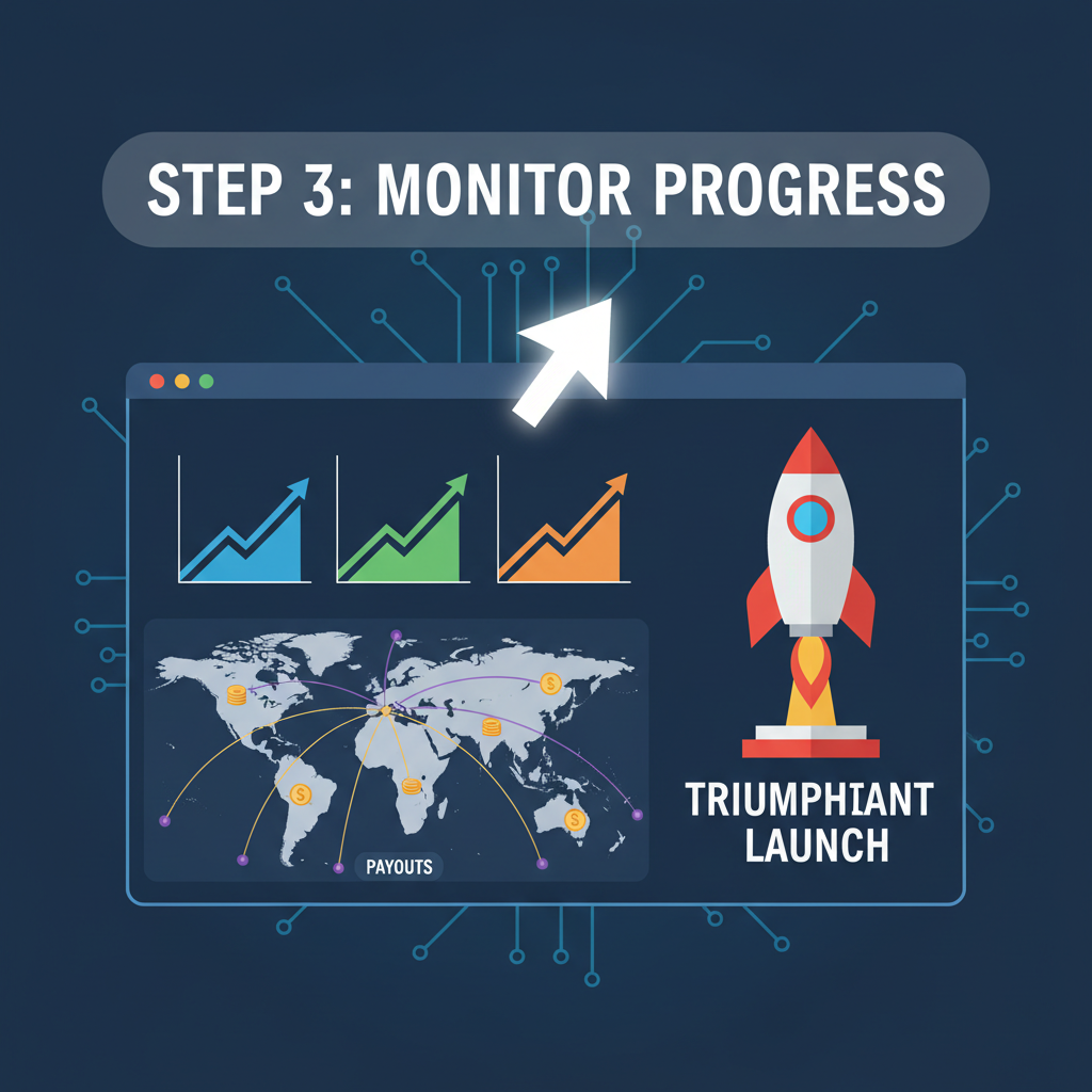 live monitoring dashboard with rising charts, world map payouts, triumphant rocket launch