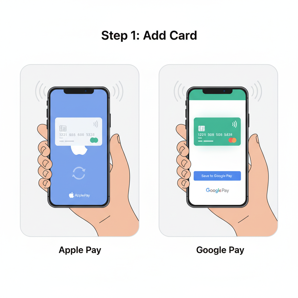 phone adding virtual card to Apple Pay Google Pay, contactless NFC payment setup, seamless integration