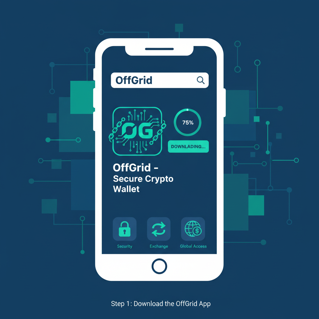 smartphone downloading OffGrid app from app store, sleek crypto-themed interface, vibrant blues and greens