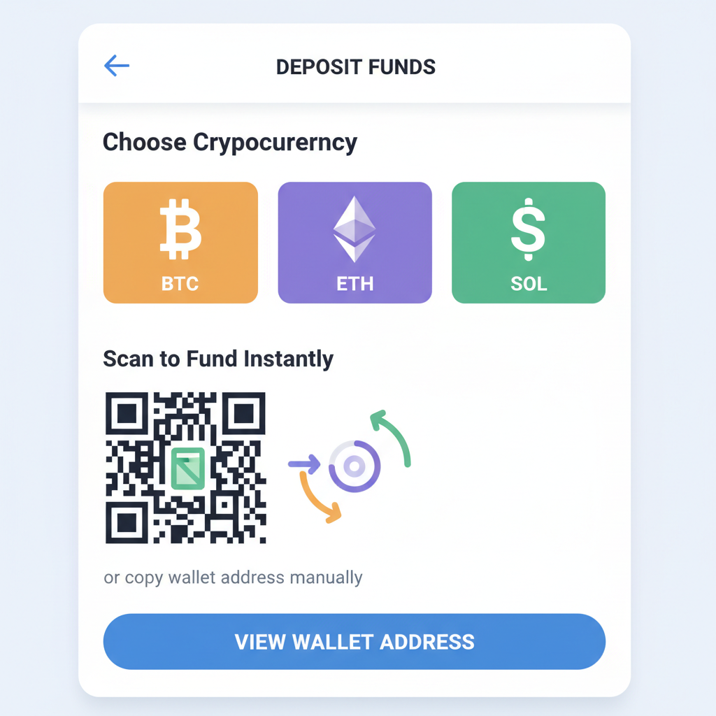 OffGrid app deposit screen showing BTC ETH SOL options, wallet QR code, instant funding animation