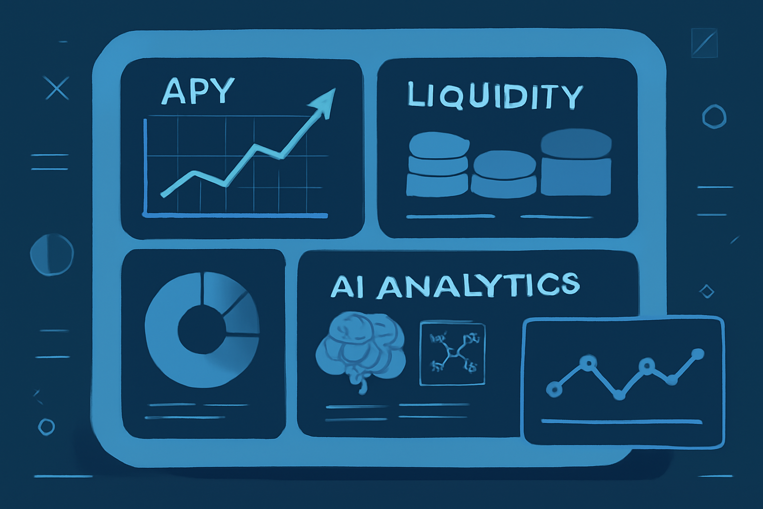 A futuristic dashboard with live APY graphs, liquidity pools, and AI analytics visualizations.
