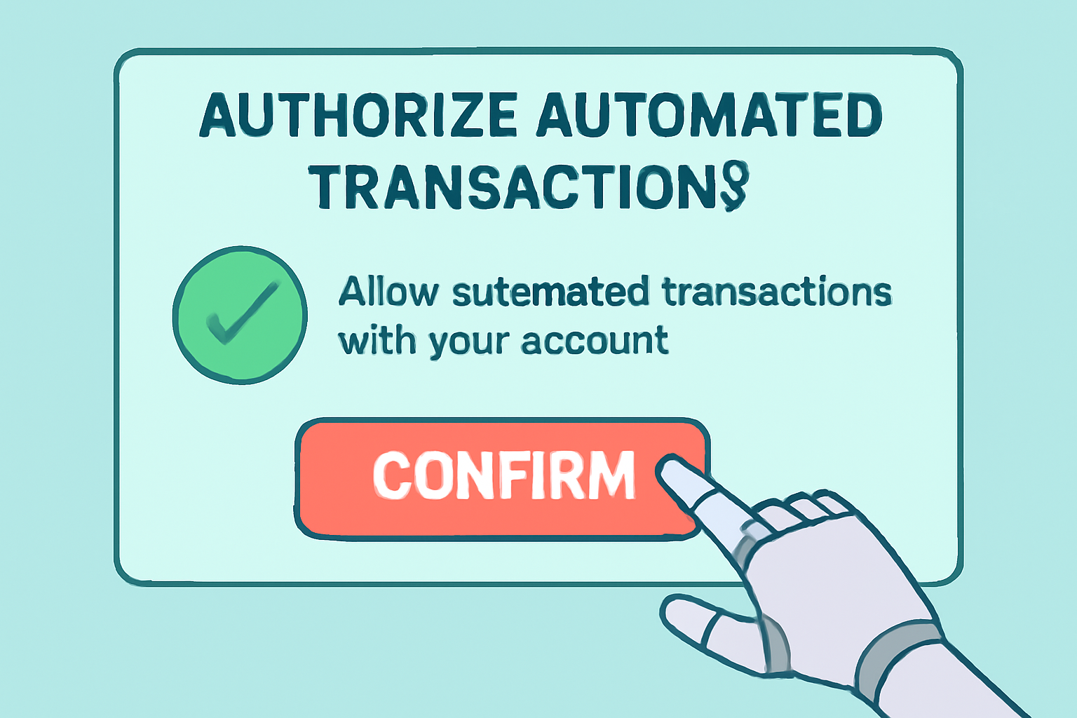 A confirmation screen showing a user authorizing automated transactions, with a robotic hand pressing a 'Confirm' button.