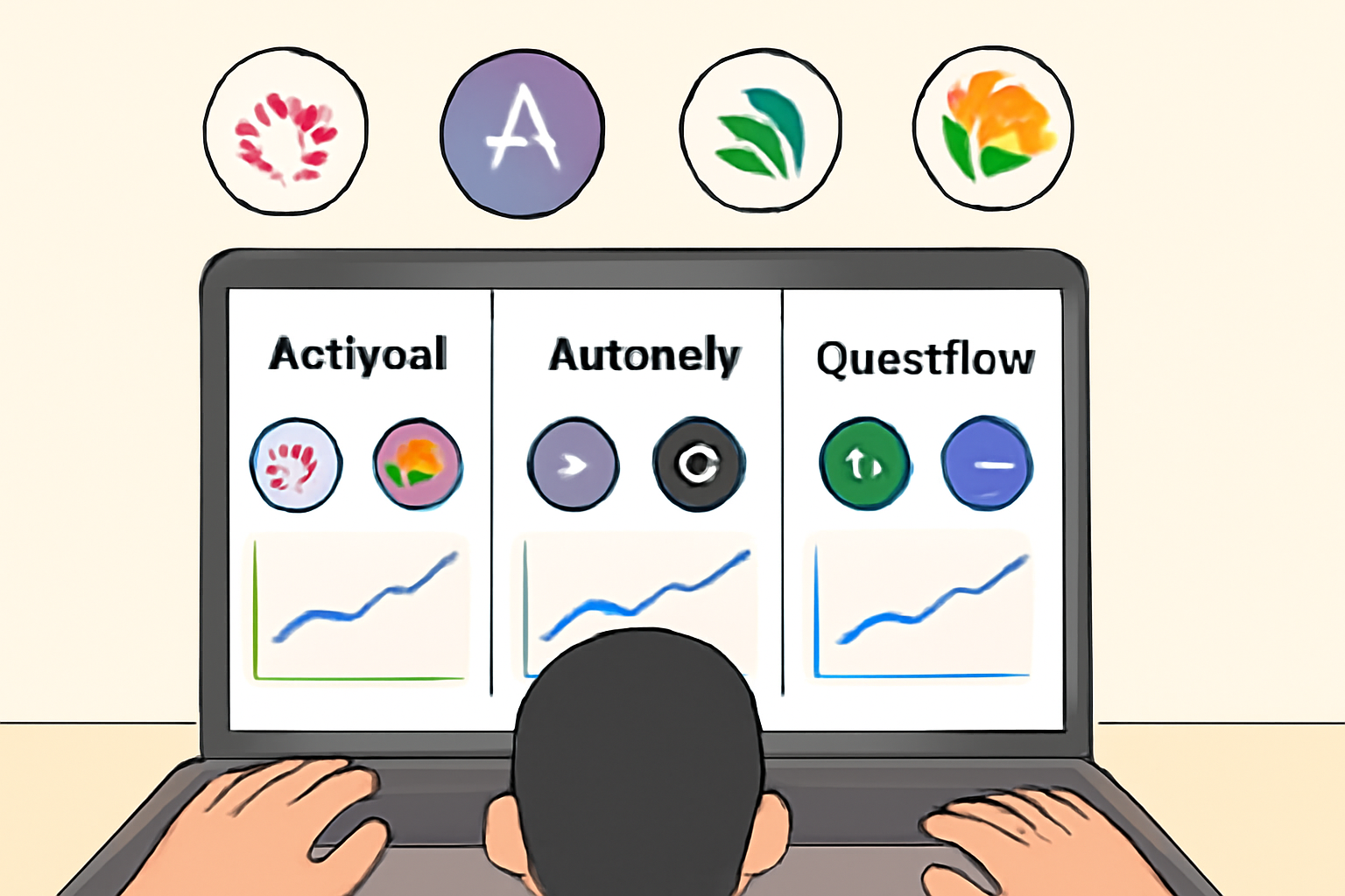 A user comparing dashboards of ActlysAI, Autonoly, and Questflow on a laptop, with DeFi protocol logos and yield charts visible.