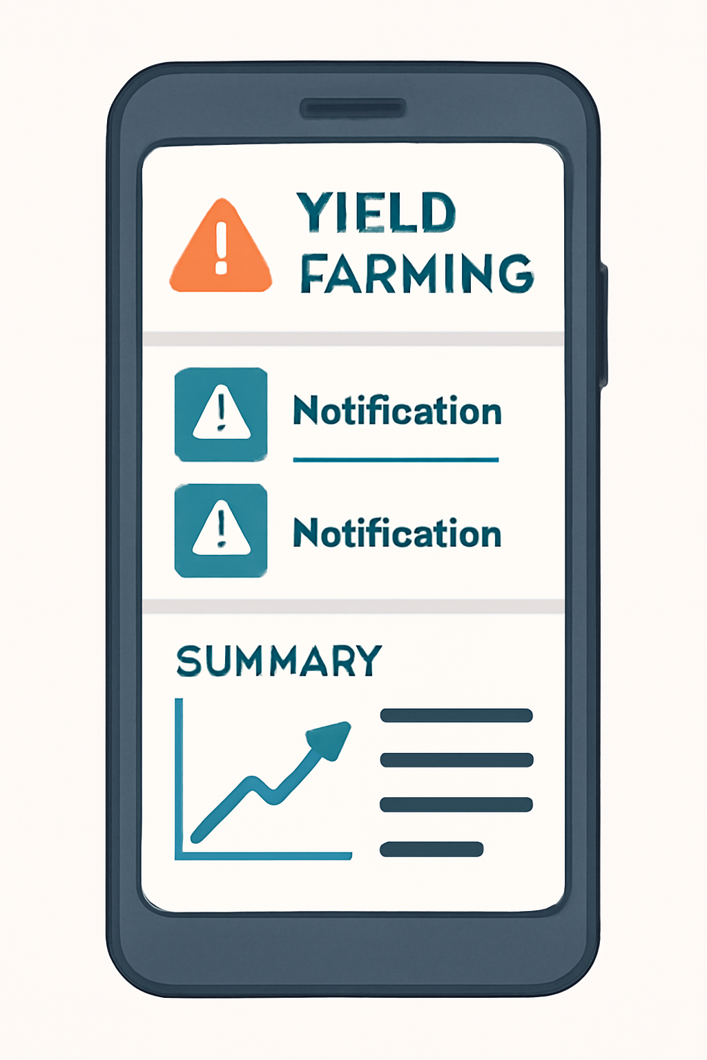 A mobile phone displaying yield farming notifications and a summary report, with alert icons and upward-trending graphs.