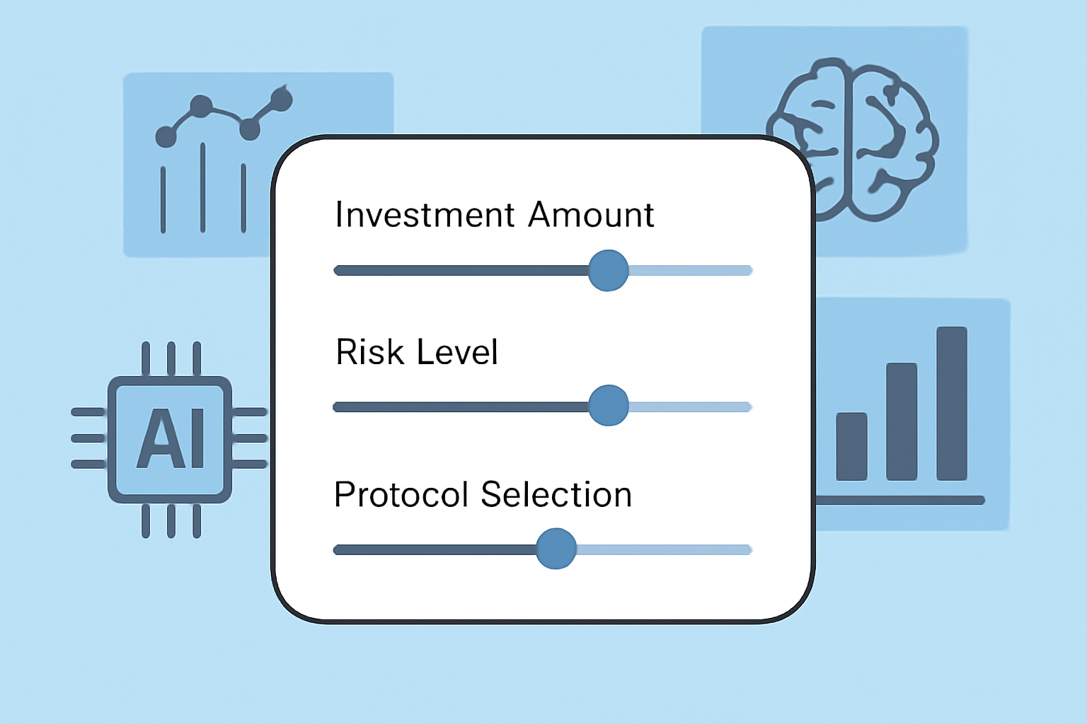 A settings panel showing sliders for investment amount, risk level, and protocol selection, with AI icons and charts in the background.