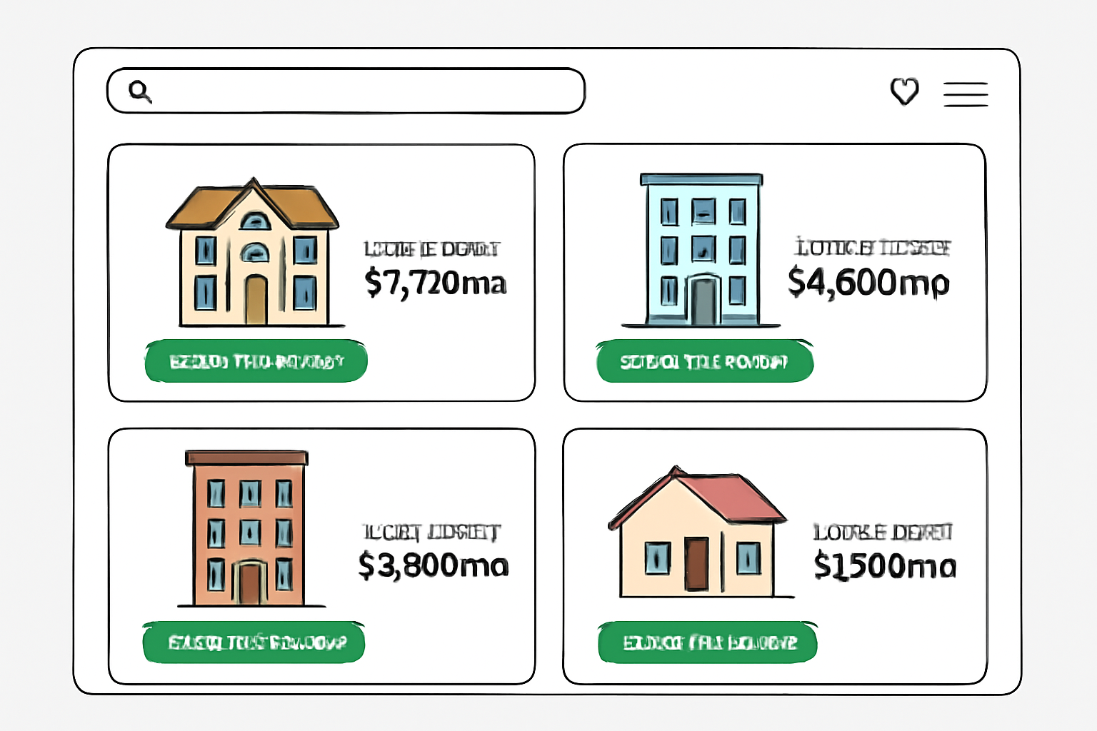 A digital marketplace with property listings, showing photos, rental income stats, and 'Invest from $50' or 'Invest from $100' tags.