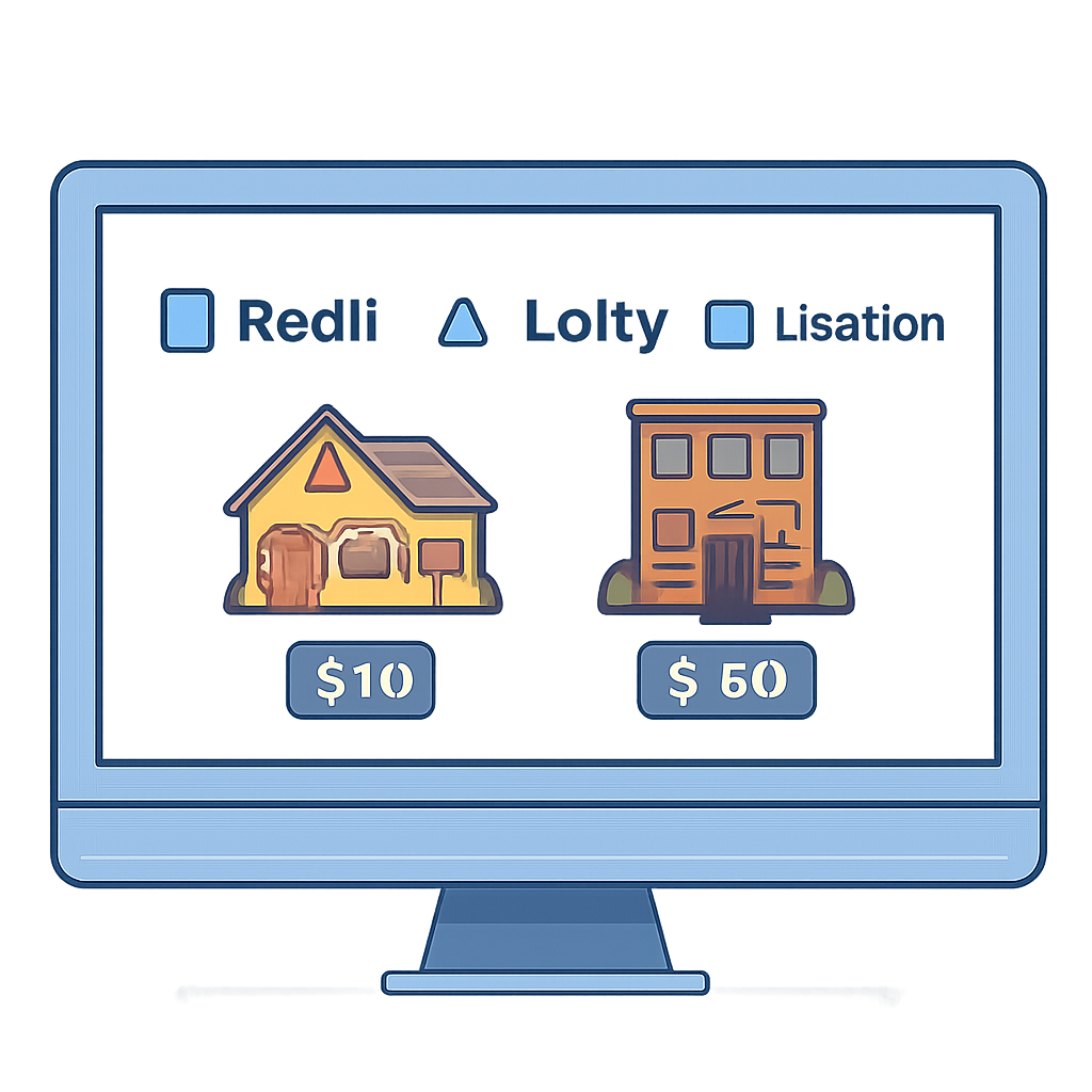 A computer screen displaying the RealT, Lofty, and Libertum logos with property images and price tags of $50 and $100.