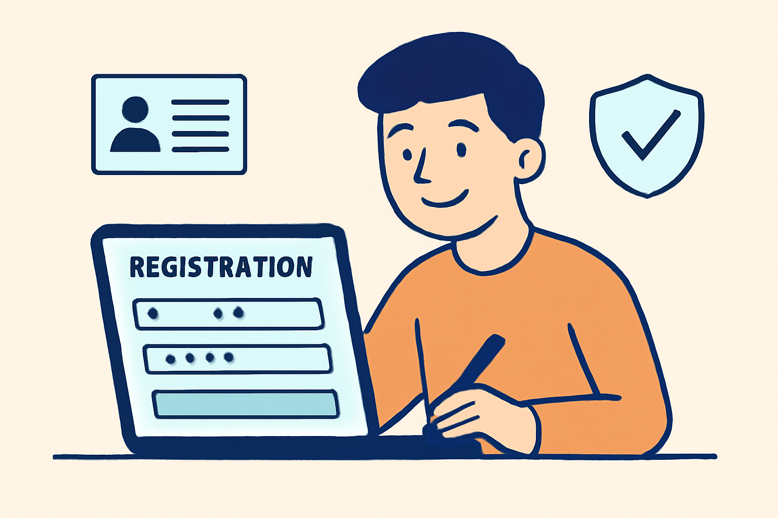 A person smiling while filling out an online registration form, with ID documents and a secure checkmark icon.