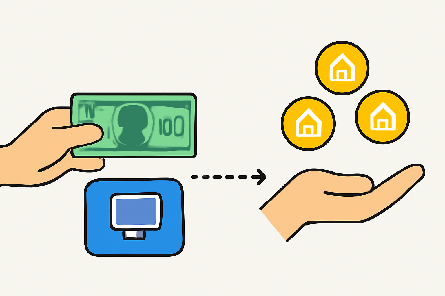 A hand transferring $100 digitally to a platform, then receiving digital tokens with a house icon.