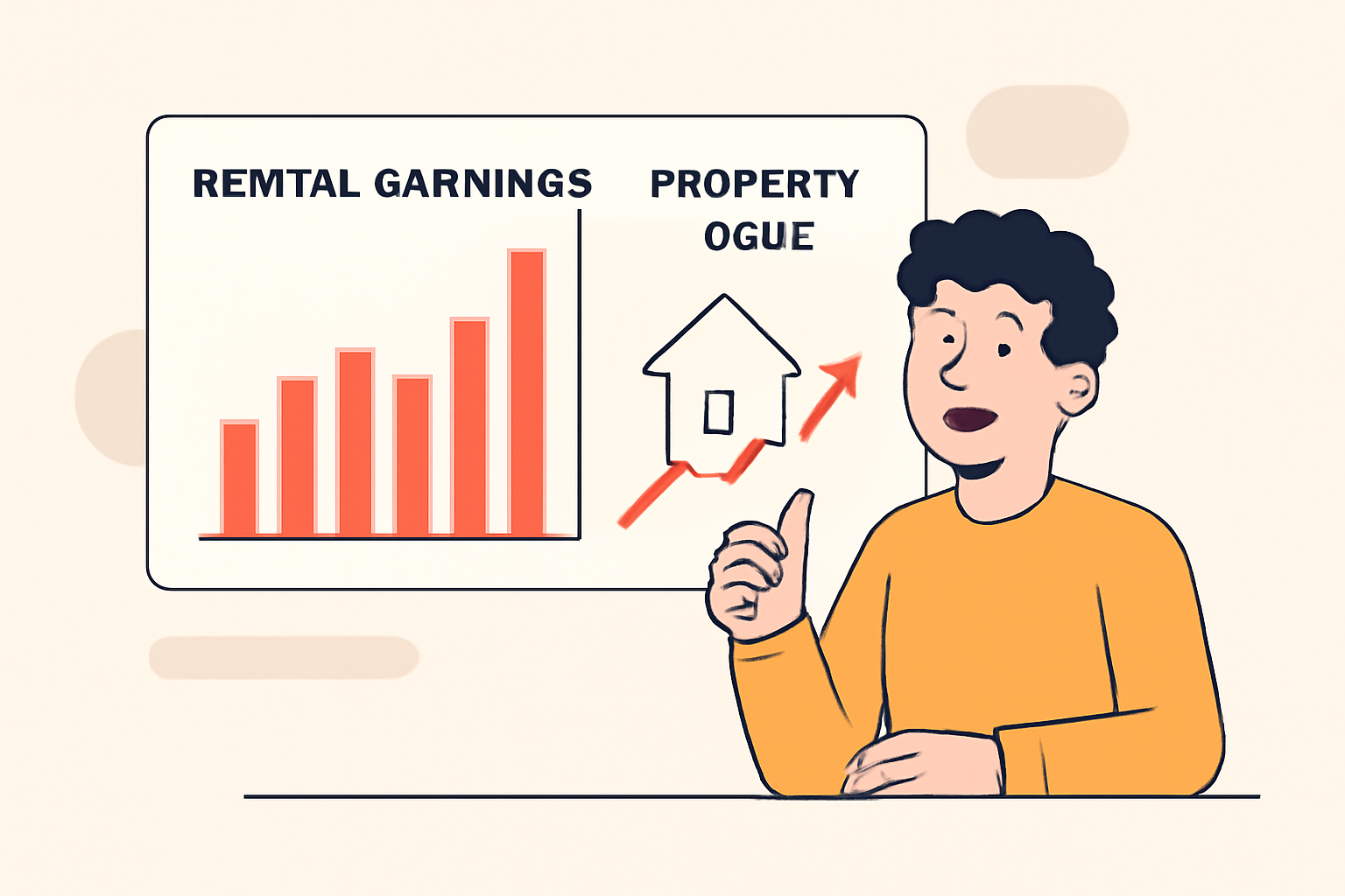 A cheerful investor viewing a dashboard with rental earnings and property value charts, with a graph showing upward growth.