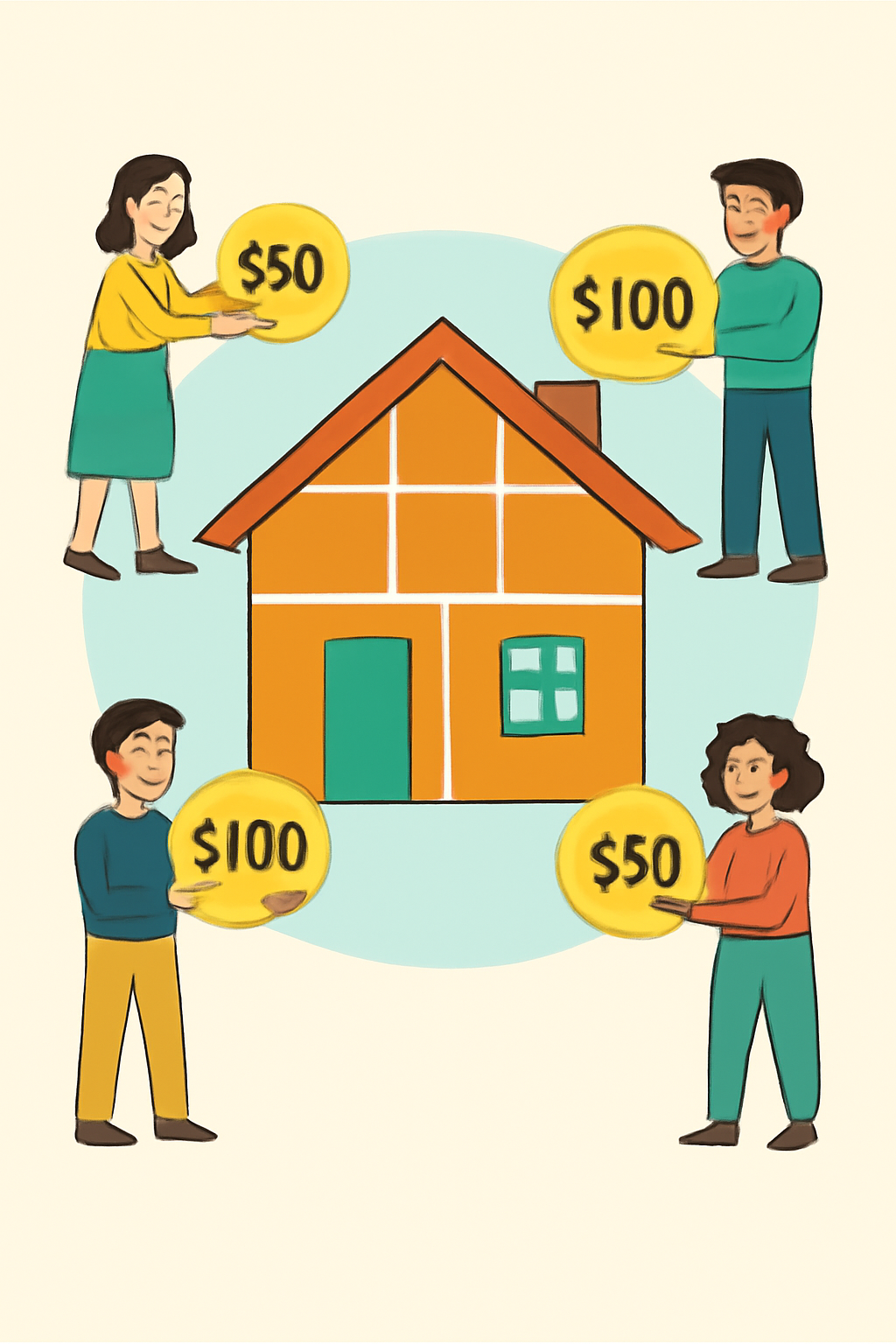 A friendly infographic showing a house divided into digital tokens, with people holding small coins labeled $50 and $100.