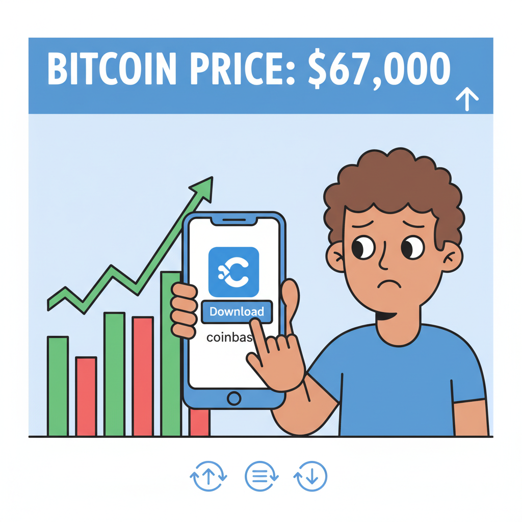 cartoon beginner downloading Coinbase app on phone with Bitcoin price chart at $67k in background