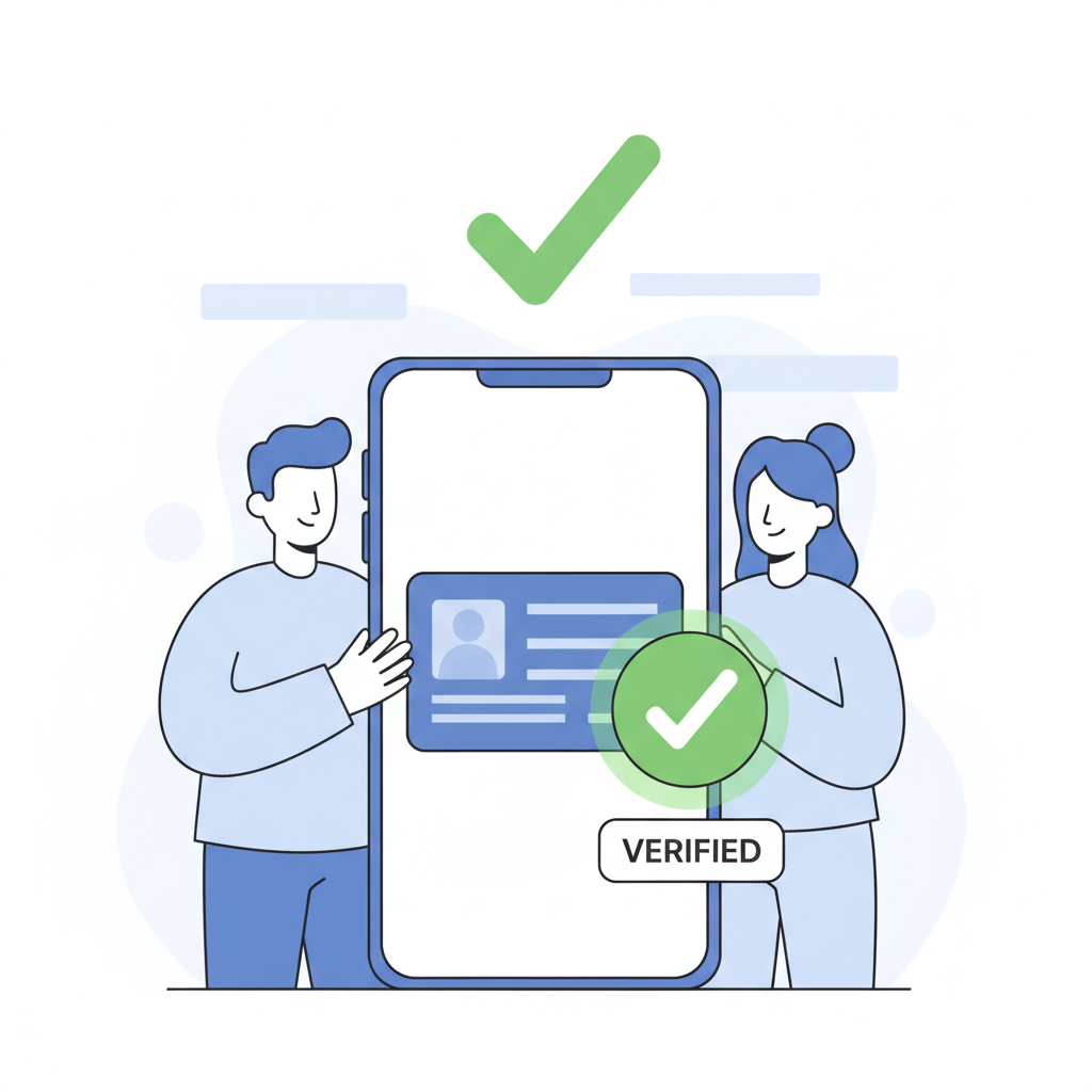 simple illustration of person verifying ID on smartphone app with checkmark