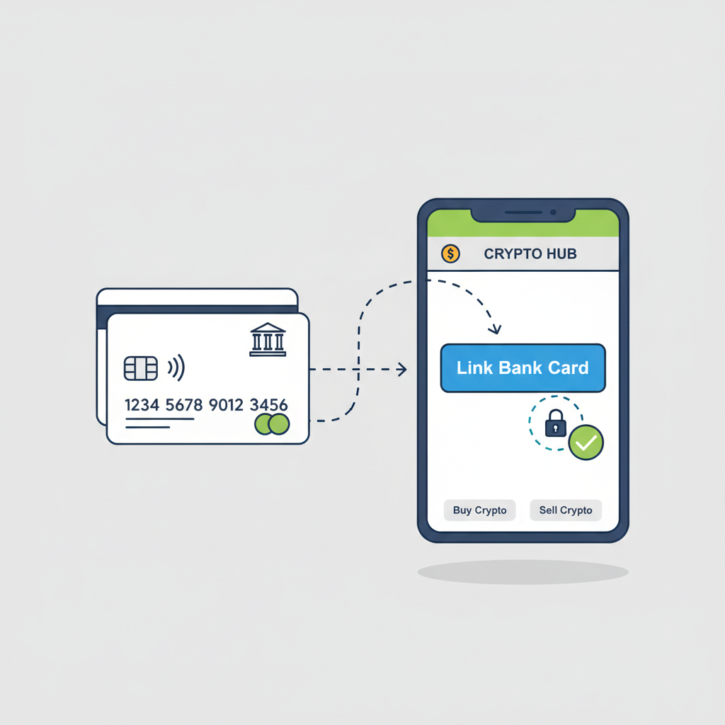 iconic graphic of linking bank card to crypto app interface