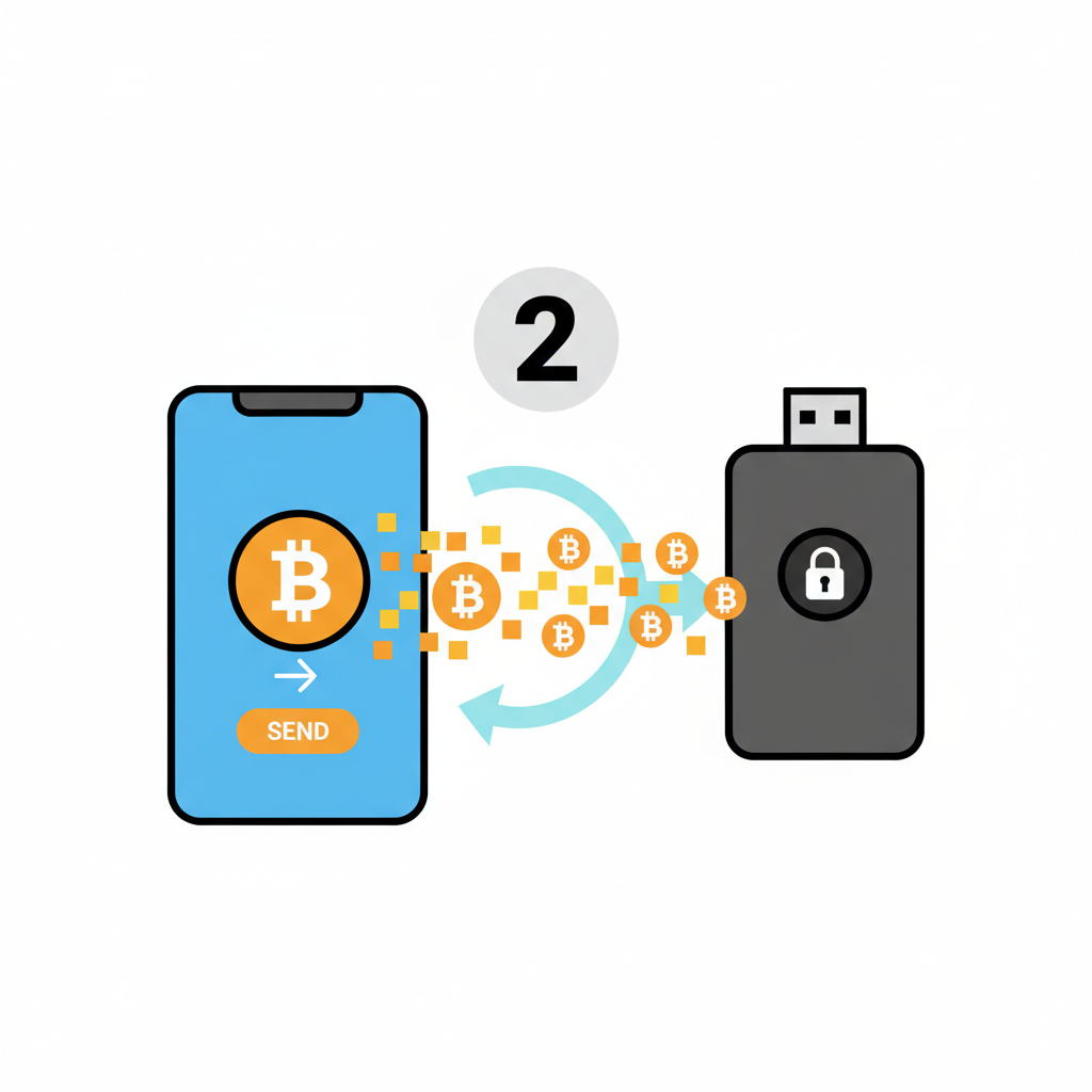 illustration of Bitcoin transferring from app to hardware wallet icon
