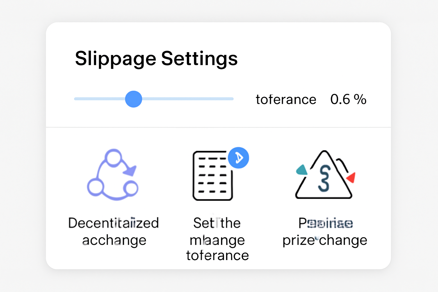 DEX slippage settings popup with tolerance slider at 0.5%, explanatory icons, minimalistic design