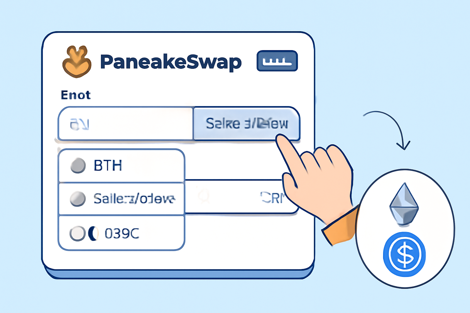 PancakeSwap swap interface with token selector dropdowns open, Base network indicator, simple illustrative diagram