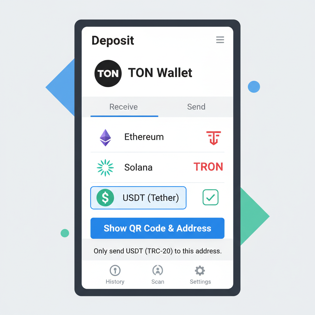 TON Wallet deposit screen listing chains like Ethereum Solana TRON and USDT selected