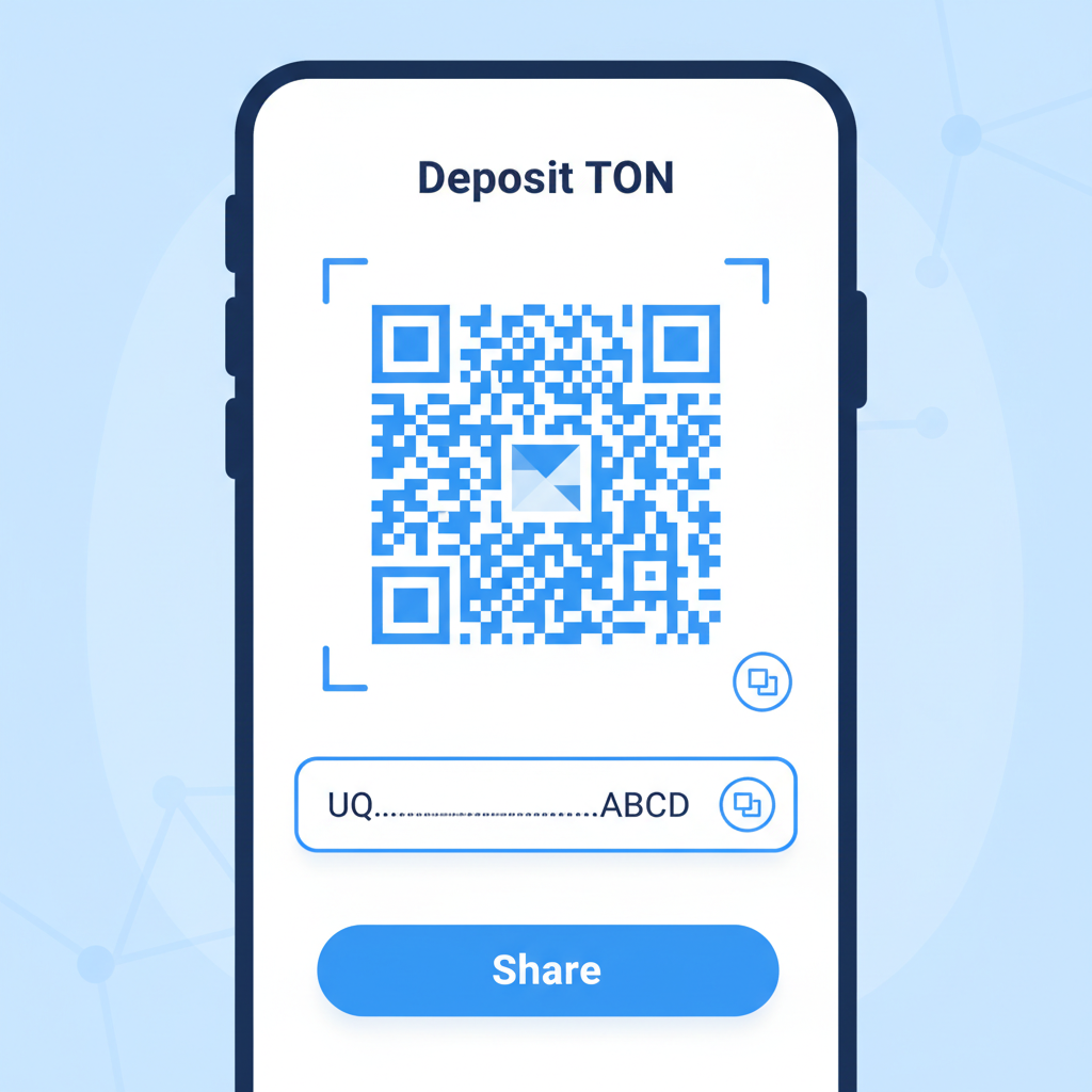 TON Wallet showing QR code and copy button for deposit address, simple UI