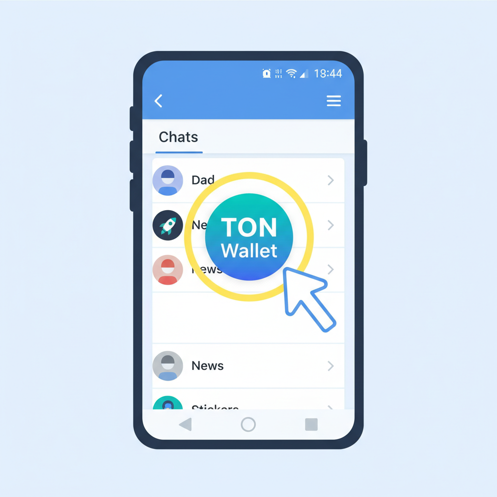 Telegram app on phone screen showing TON Wallet icon highlighted, modern UI, friendly vibe