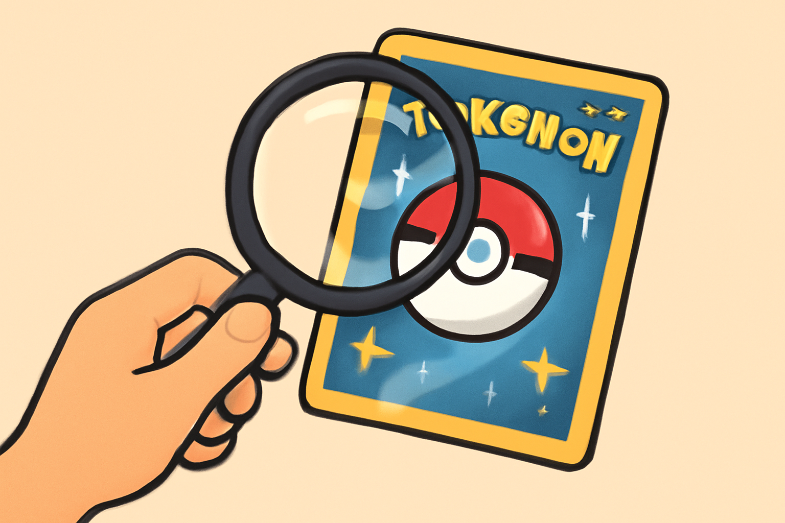 Close-up of a hand holding a magnifying glass over a shiny Pokémon card, inspecting its condition.