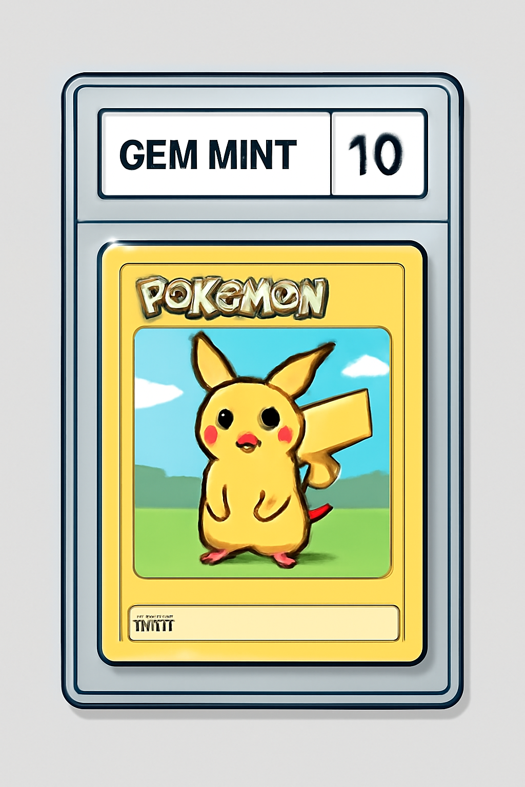 A Pokémon card in a transparent grading case, with a visible grade label, set on a clean background.