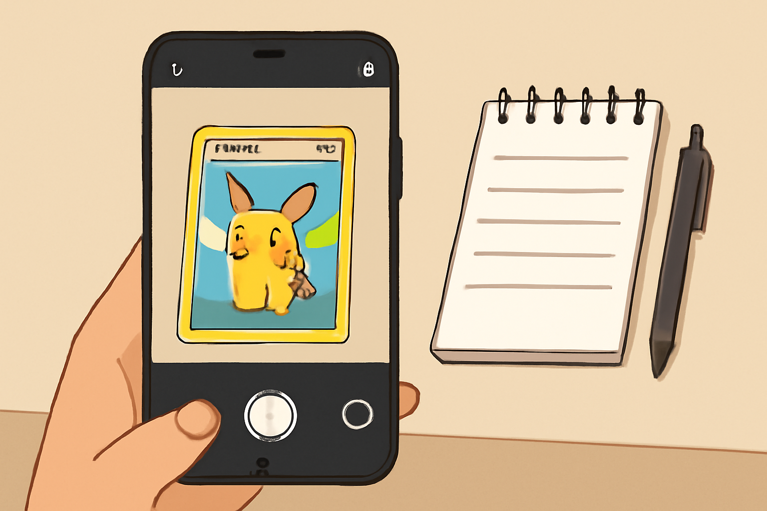 A smartphone taking a photo of a Pokémon card on a well-lit surface, with a notepad and pen beside it.