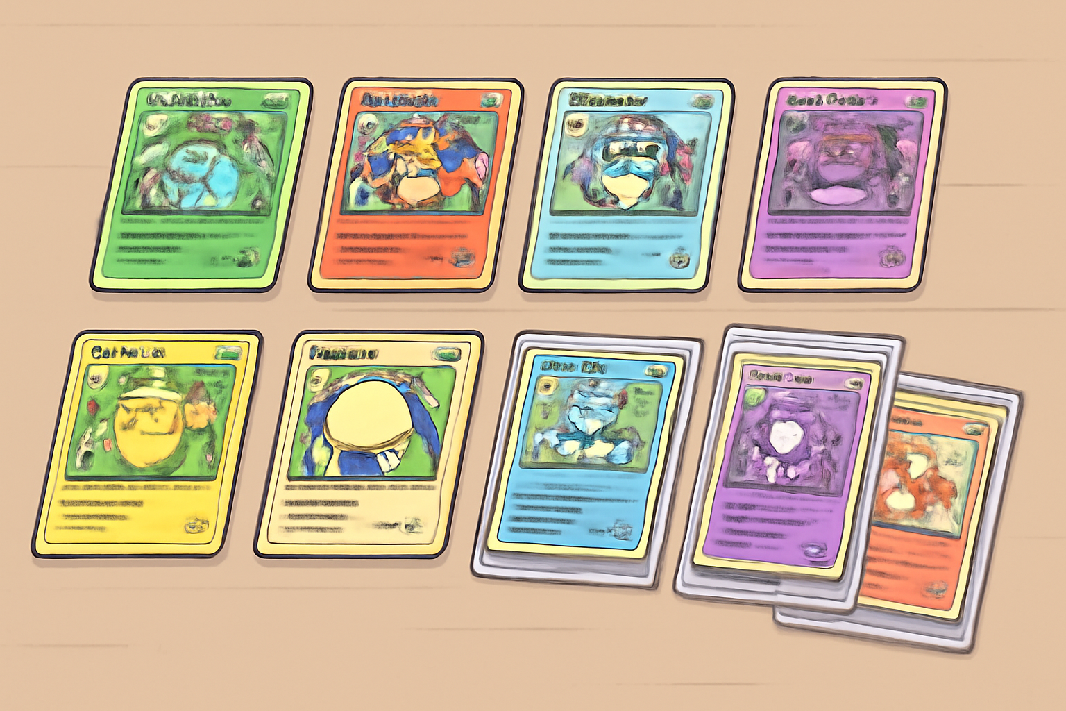 A collection of Pokémon cards neatly spread out on a table, with some in protective sleeves, ready for evaluation.