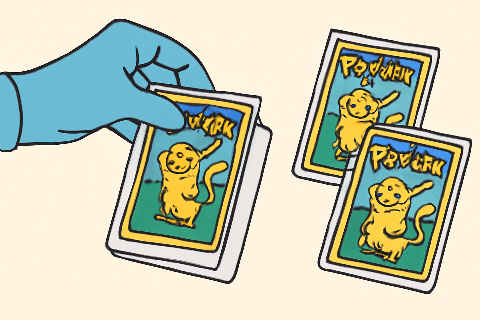 A gloved hand placing a Pokémon card into a clear plastic sleeve, with other protected cards nearby.