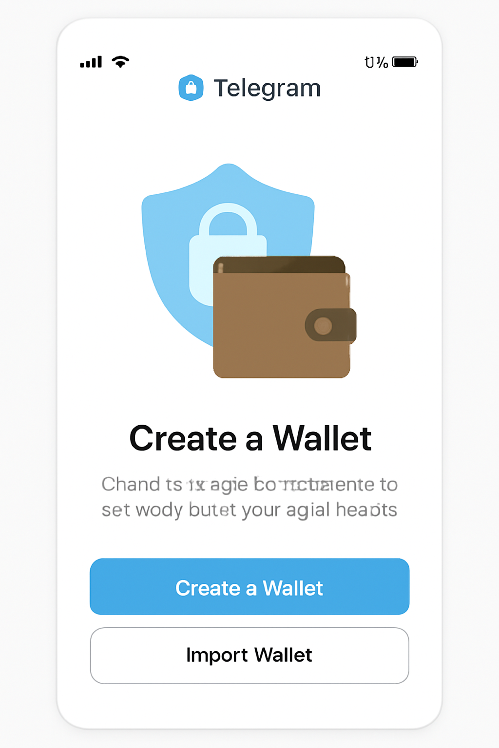 A digital wallet creation screen within Telegram, showing options to create or import a wallet, emphasizing security.