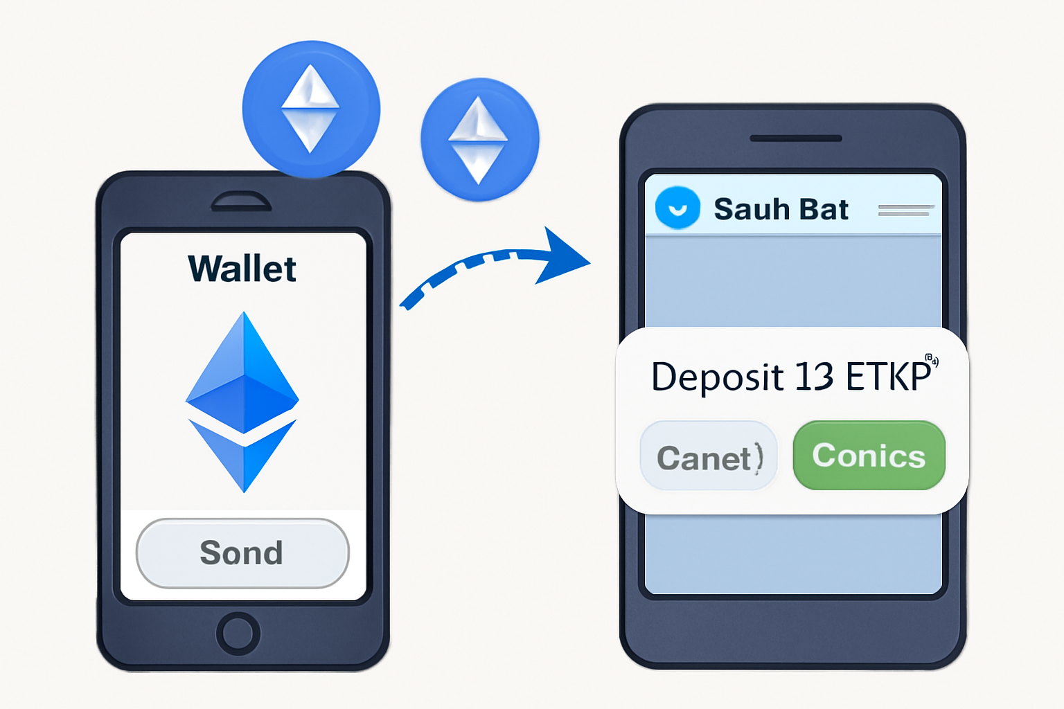 A user transferring ETH from an external wallet into the Spark Bot wallet interface on Telegram, with ETH icons and confirmation prompts.