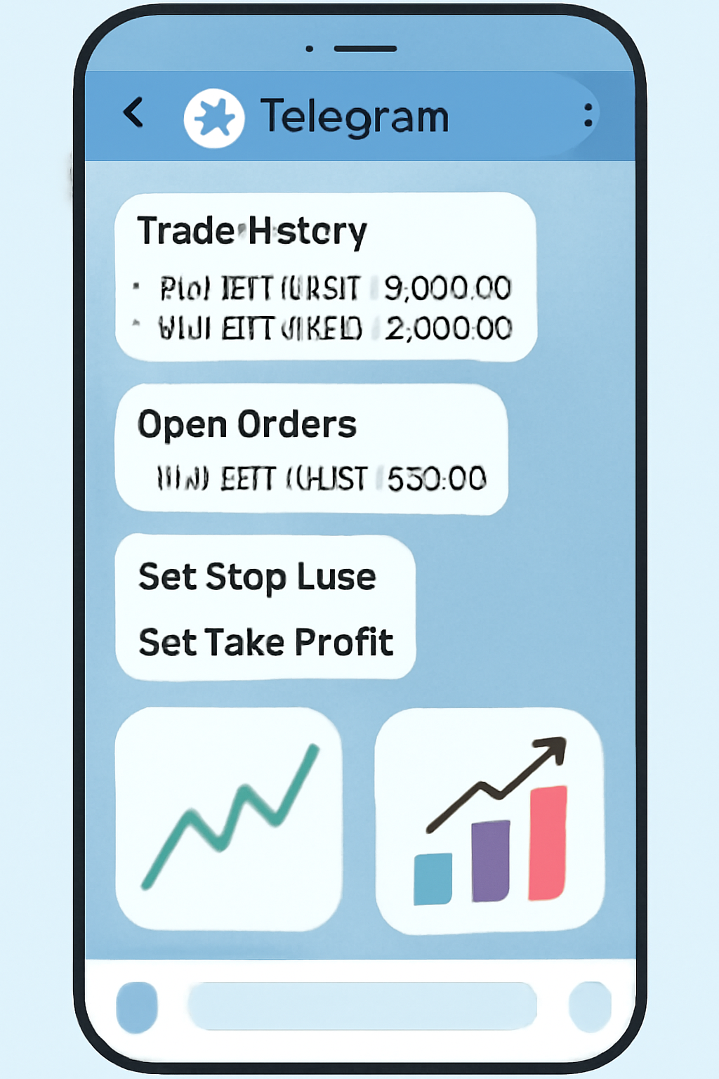 A Telegram chat displaying trade history, open orders, and options for setting stop-loss or take-profit, with charts and stats icons.