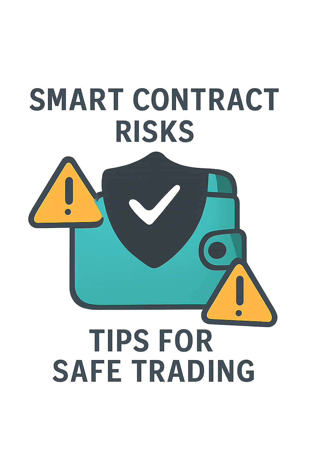 A shield icon overlaying a digital wallet, with warning signs about smart contract risks and tips for safe trading.