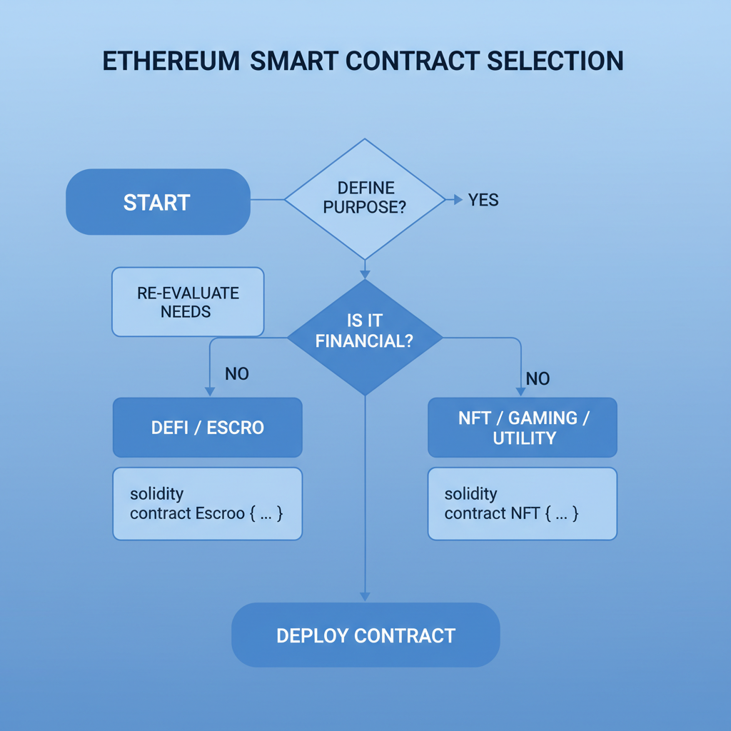 ethereum smart contract selection diagram, clean code snippet, blue tones