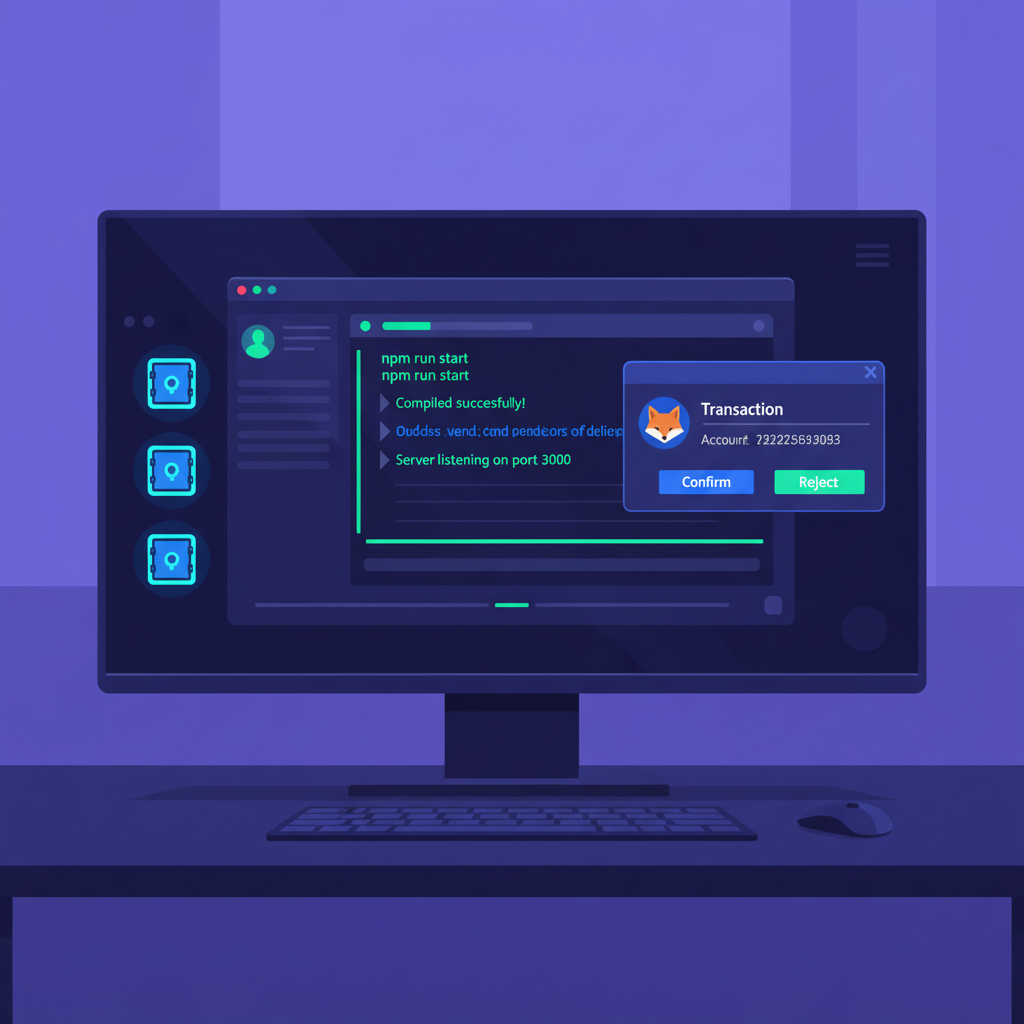 developer workstation with Node.js terminal, MetaMask popup, secure vault icons, dark futuristic UI